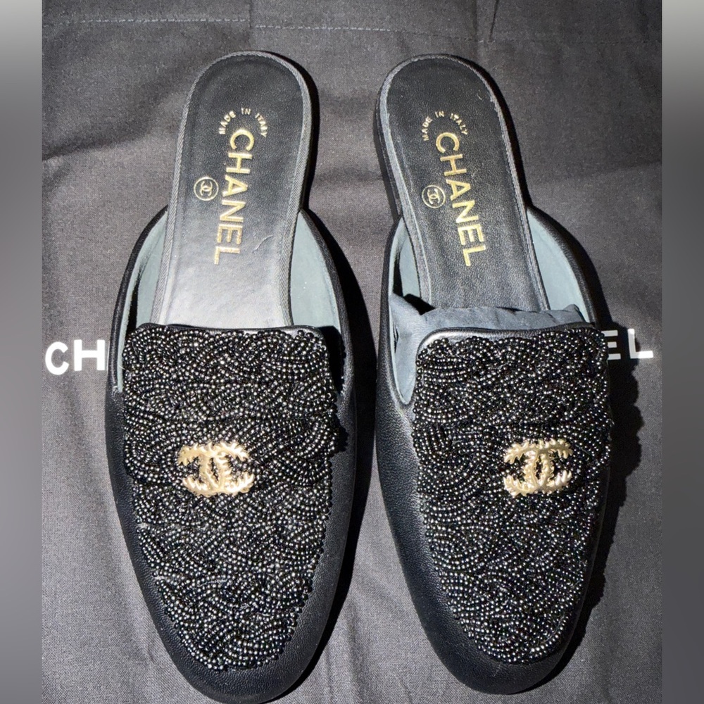 CHANEL Black Leather black beaded slip ons